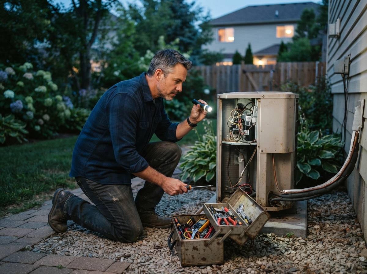 A homeowner inspects an outdoor air conditioning unit with a flashlight during a home maintenance check.