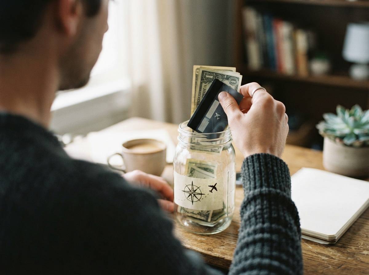A person calculates vacation costs using a banking app next to a printed travel itinerary.