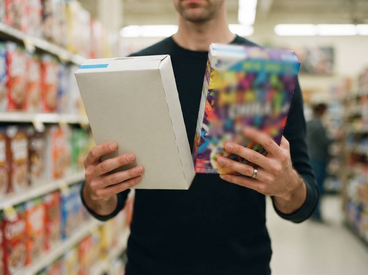 A shopper compares a generic store brand product with a name brand product on a grocery store shelf.