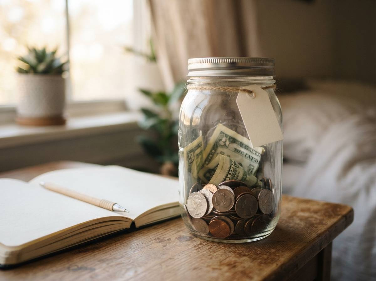 A teenager places money into a labeled glass savings jar on a desk.a
