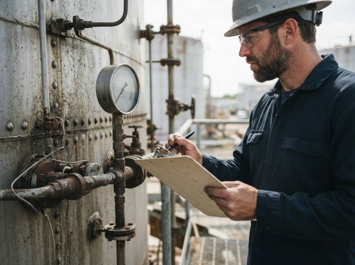 A terminal worker checks a pressure gauge on a large steel crude oil storage tank.