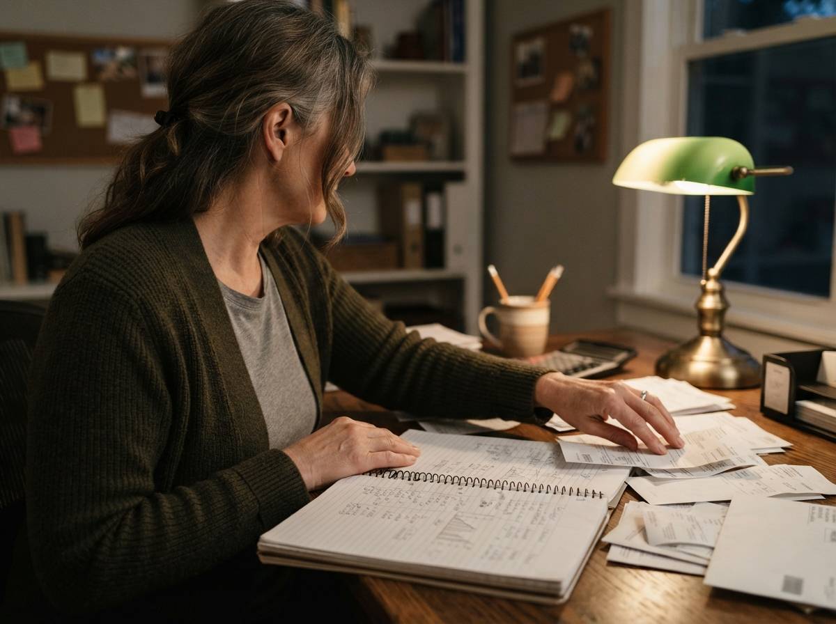 An investor sorts through bills and handwritten budget notes at a home desk.,