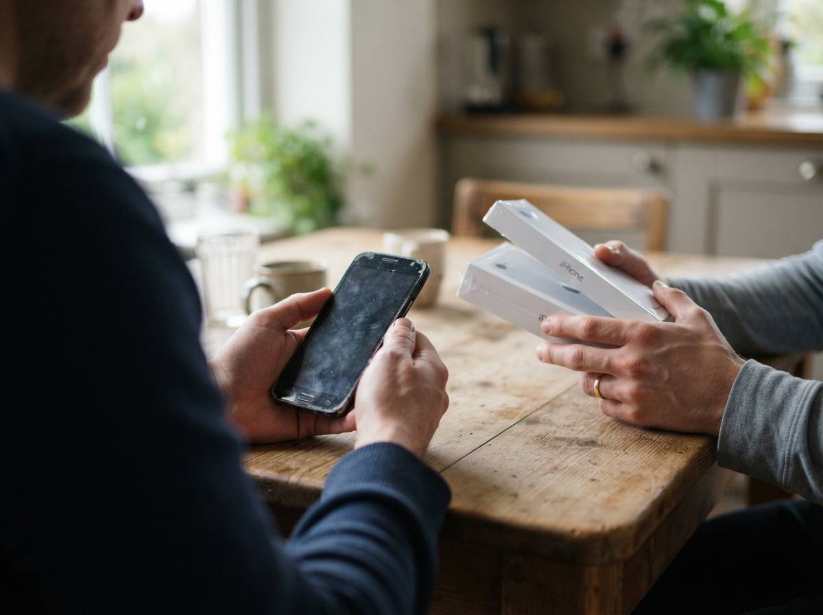 An older, scuffed smartphone sits beside a newer flagship phone on a wooden table in natural light.