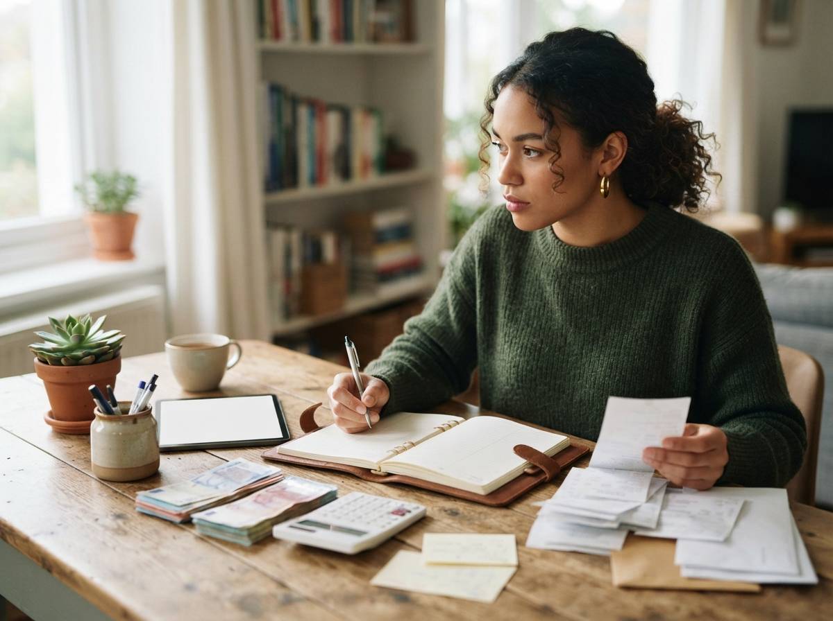 Close up of a person taking notes beside bank statements and a pastry while reviewing their finances.,