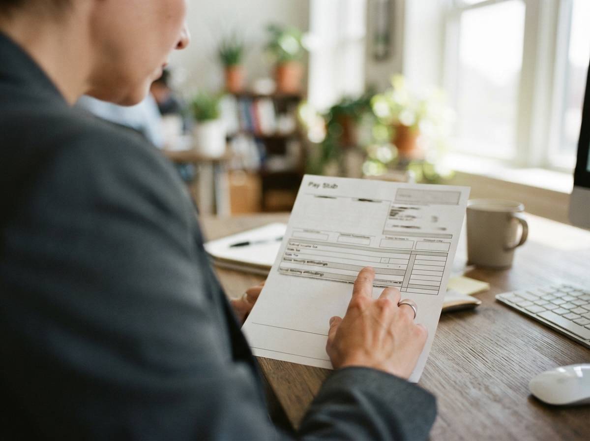 Close up of hands pointing at tax withholding lines on a printed pay stub.