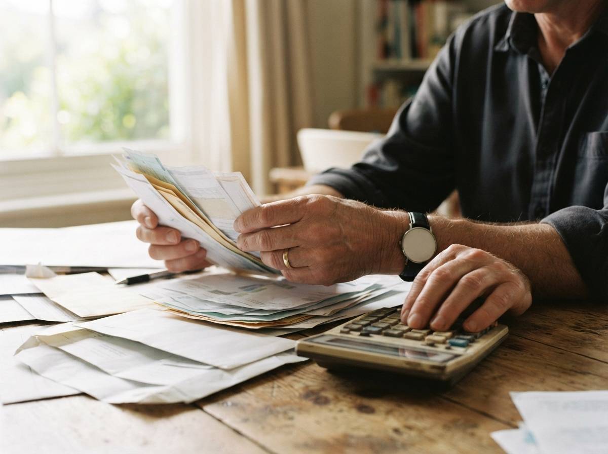 Close up of hands reviewing a printed bank statement marked with highlighter at a wooden desk.