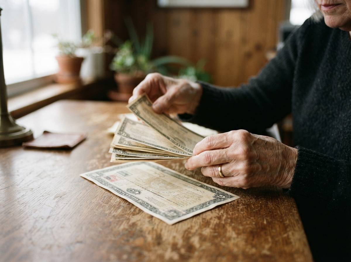 Close up of hands sorting through savings bonds and CD paperwork on a desk.
