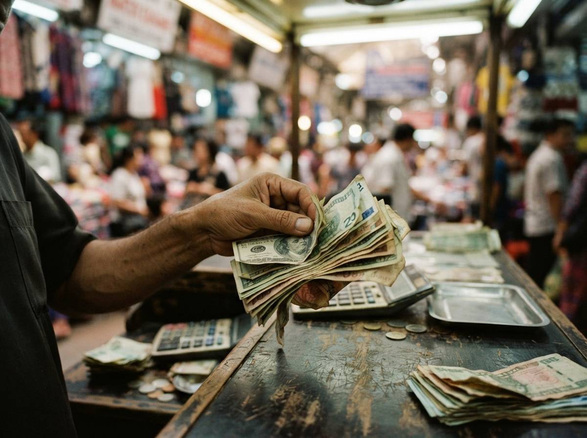 Hands exchange stacks of rial and dollar banknotes across a wooden counter in a money transfer shop.