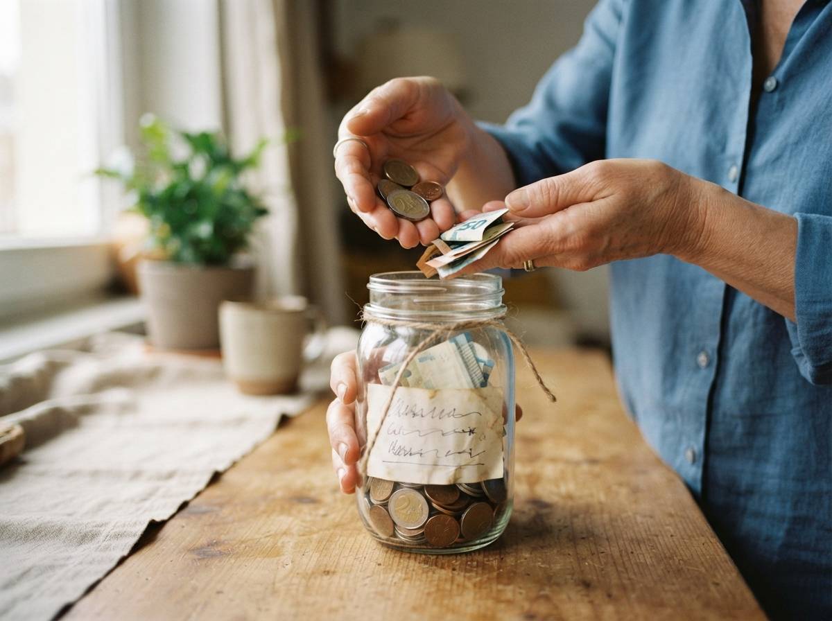 Hands placing coins and cash into a glass savings jar at home.