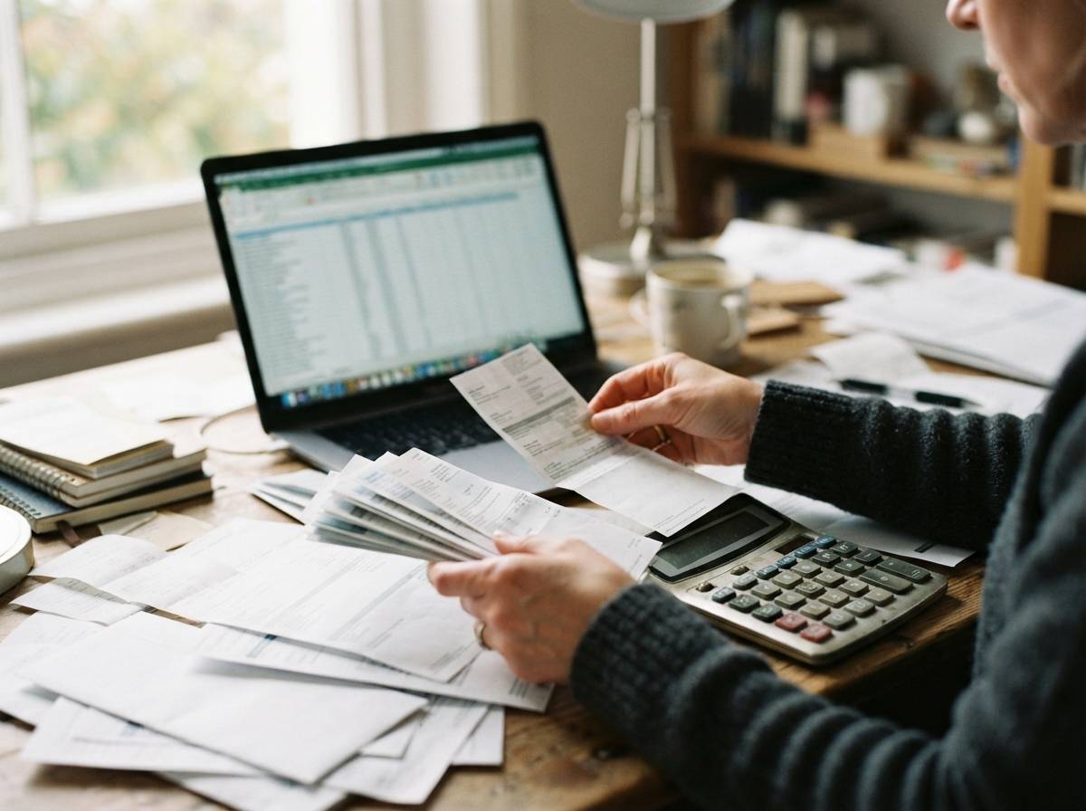 Hands sort bills and use a calculator next to a laptop showing a budget spreadsheet.